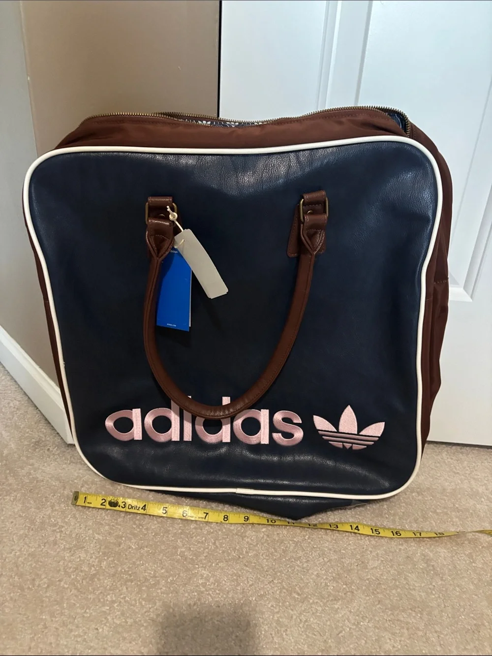 adidas Navy leather Duffel Bag with Brown Accents and Pink Logo